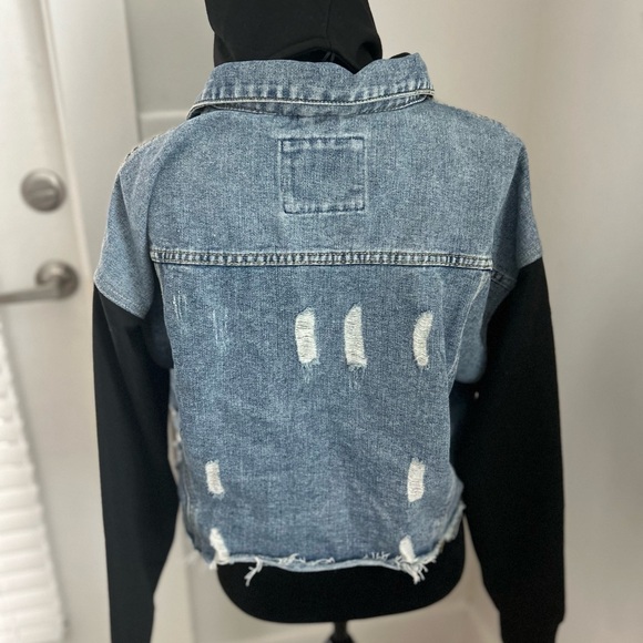 Highway Jeans Distressed Denim Jacket with Black Hood and Sleeves Distressed - Picture 6 of 10